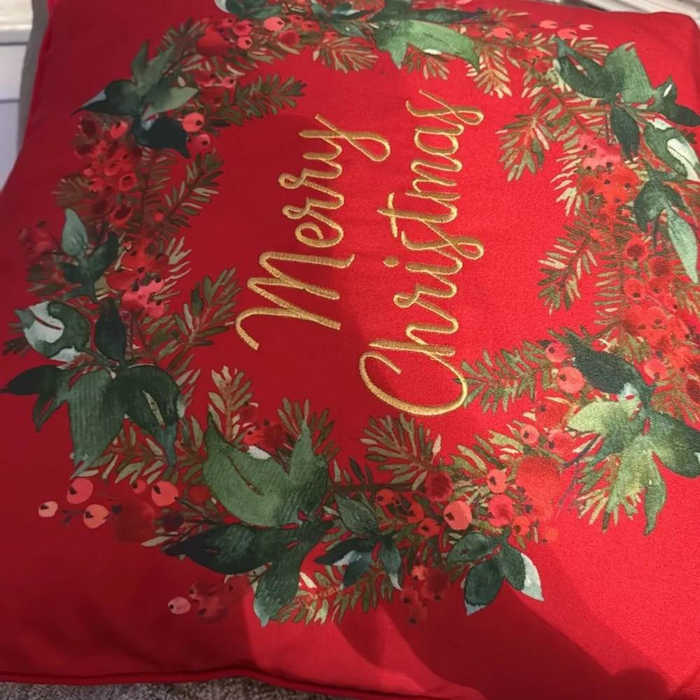 Merry Christmas Embroidered Holiday Throw 16x16” Pillow Home Decor